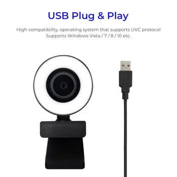 Full HD, 2K Webcam cu Lumina de Umplere Camera Web cu Microfon Pentru PC, Laptop, Auto Focus 1080P Camere USB pentru Youtube