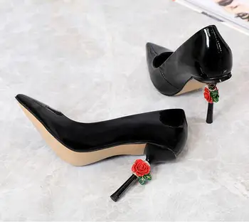 Floare Decor Toc Subțire Lady Sexy Pompe Negru Rosu Nunta Pantofi Subliniat Toe Slip pe o Singură Rochie Pantofi Femei din Piele naturală