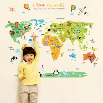 Desene animate Animale Safari Harta Lumii Pepinieră Autocolante de Perete pentru Camera Copii Decor Litere Hărți Globale JA55