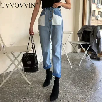TVVOVVIN 2020 Moda coreeană Liber de Cusut Buzunare de vara Noi Mozaic de Culoare Blugi Talie Mare pentru Femei Pantaloni din denim R498