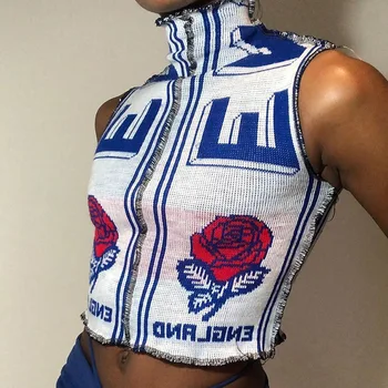 Y2K Rezervor de Top pentru Femei Rose Print Crop Top Turntleneck Sleevless Streetwear Vesta Femei Costume de Haine 2020 Fashion Club Uzura de Partid