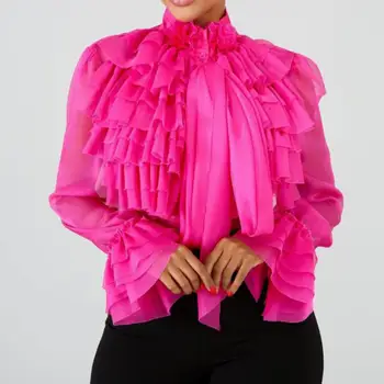 2020 Femei Clos Maneca Stand Guler Multi-strat Cutat Tiv Eșarfă Șifon Bluza Solidă Maneca Lunga Șifon Epocă Topuri