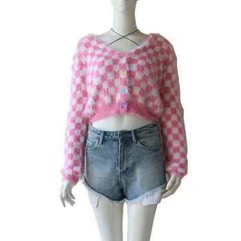 Primăvara Nou Roz Grila Scurt Femei Mink cashmere V-neck Cardigan 2020 Moda Doamnelor Subțire Tricotate Pulover Moale cu Maneci Lungi