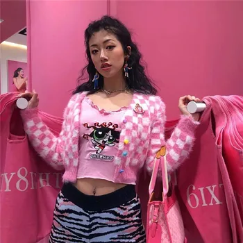 Primăvara Nou Roz Grila Scurt Femei Mink cashmere V-neck Cardigan 2020 Moda Doamnelor Subțire Tricotate Pulover Moale cu Maneci Lungi