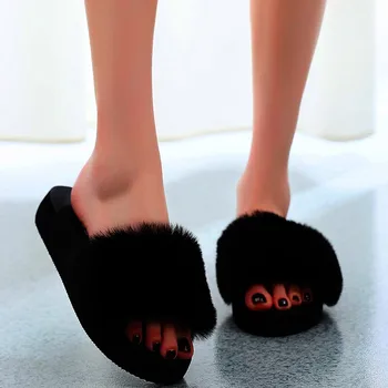 Puf Flip flop Moda Interioară în aer liber Femei Slip-on Deschis Deget de la picior Plat Iarna Cald Papuci de casă Pantofi Casual, Papuci de Casă Zapatos Mujer