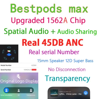 SuperPods MAX fără fir setul cu cască Bluetooth 1:1 activ de reducere a zgomotului ANC dopuri de urechi 12D super bass,pods Max Spațiale Audio TWS