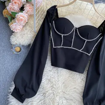 Foamlina Stras Trunchiate Bluza pentru Femei de Moda Tricou Negru Pătrat Alb Guler mâneci Cutat Spate Elastic Top Scurt