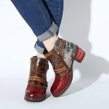 SOCOFY Relief Cizme Rose din Piele Despicare Scăzut Toc Glezna Cizme Elegante, Pantofi pentru Femei Pantofi pentru Femei Botas Mujer 2020