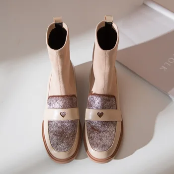 ZVQ Piele, Păr de Cal Glezna Cizme de Moda Model în formă de inimă 3cm Tocuri Pantofi pentru femei 2019 Iarna Toamna Întinde Turma Papuceii