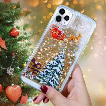 Sclipici Crăciun Dinamic nisipuri Mișcătoare Telefon Caz pentru iPhone 11 Pro MAX X XS XR 7 8 Plus SE 2020 Desene animate Drăguț Moș Crăciun Acopere