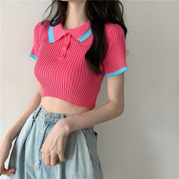 Gagaok Femei Sexy & Club Tricotate T-shirt de Vară 2020 New Sosire Rever Mozaic Butonul Întinde Tee Slim Buric Sălbatice Pulover