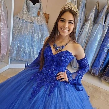 Prințesă arabă Albastru Regal Rochii Quinceanera 2020 Aplicatiile de Dantela cu Margele Iubita Rochii de mireasa Dantelă-up Dulce 16 Rochie de Petrecere