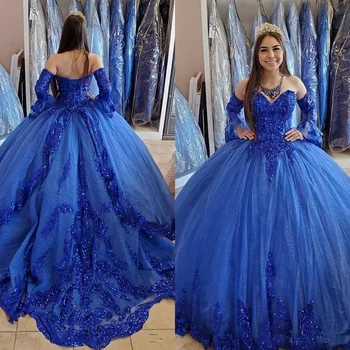 Prințesă arabă Albastru Regal Rochii Quinceanera 2020 Aplicatiile de Dantela cu Margele Iubita Rochii de mireasa Dantelă-up Dulce 16 Rochie de Petrecere