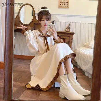 Rochie cu Maneci lungi Femei Dulce Arc Talie Mare Mozaic Ruched O-linie Mijlocul lunii vițel Stil coreean Colegiul Toamna Noua Fete Chic de Moda
