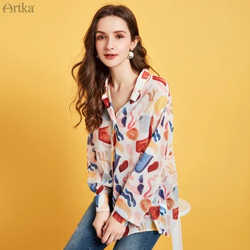 ARTKA 2020 Primăvară Noua Bluza Femei de Moda de Epocă Imprimare Șifon Bluza Guler de Turn-down Liber Șifon Bluza Femei SA20807C