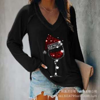 WEPBEL Femei Elegante de Crăciun Pahar de Vin Tricou Imprimat Top Doamnelor V Gât Vrac Top Pulover de Toamna cu Maneca Lunga Plus Dimensiune Bluza