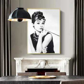Alb negru Audrey Hepburn Portret Machiaj Modern Printuri Panza Pictura Arta de Perete Modular Imagini pentru Decor Dormitor