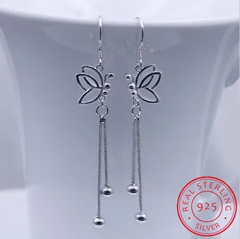 Argint 925 nou Femeie sex Feminin ureche sârmă de moda secțiunea lung Picătură Cerceii fluture ciucure bijuterii fine