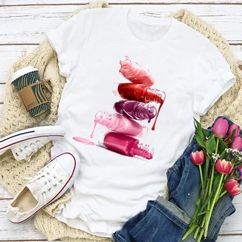 Femeile Grafic Sticla Decora 3D Moda Make-Up Unghii Deget de Vara T-Shirt, Blaturi Lady Femei Imbracaminte Tricou Femei T Shirt