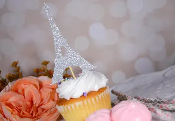 Sclipici argintiu Paris Turnul de mireasa ziua cupcake toppers petrecere copil de dus decor gogoasa alimente ponturi