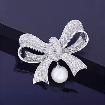 OKILY Delicat pentru Femei Broșe Bijuterii Accesorii Ciucure Pearl Zircon Bowknot Broșă Pin Drăguț Arc Pin Rever pentru Cadou de Anul Nou