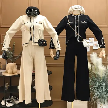 ALPHALMODA Toamna anului 2020 Femei Grațios Tricotat Potrivi Singur Pieptul Cardigan de Înaltă Talie Pantaloni Largi Picior Doamnelor Subțire 2 buc Set