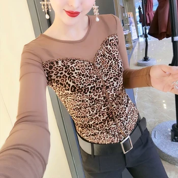 Leopard tricou Femei Diamante ștrasuri din Mărgele Marginita Mozaic ochiurilor de Plasă Subțire Topuri cu Maneci Lungi Tricou Casual ropa mujer T02709B