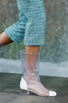 2018 Noi Femeile de Moda din PVC Transparent Alb Negru Deget de la picior Pătrat Genunchi Ridicat Med Tocuri Confortabile Ieftine Cizme Lungi de Mari Dimensiuni 43