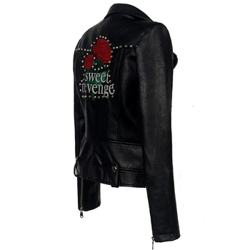2019 PU Logo-ul Imprimat Femei Jacheta Decorative flori si stele Streetwear haina faux din Piele PU motocicleta îmbrăcăminte de protecție împotriva vântului