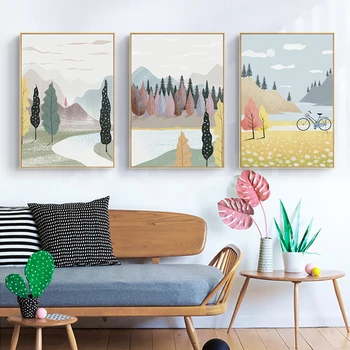 Nordic Minimalist Modern, Pădure, Râu, Peisaj Poster Pânză de Pictură și Printuri de Arta de Perete de Imagine pentru Camera de zi Decor Acasă