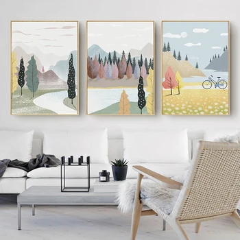 Nordic Minimalist Modern, Pădure, Râu, Peisaj Poster Pânză de Pictură și Printuri de Arta de Perete de Imagine pentru Camera de zi Decor Acasă