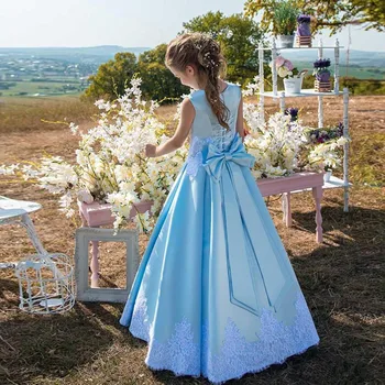 Floare albastră Fete Rochii Elegante Copil Ziua de nastere Rochii Bijuterie fără Mâneci Gât Dantelă Aplicatii de Satin Fete Bal Rochie pentru Nunta