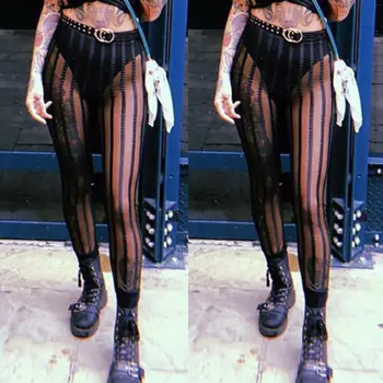 2019 Nou Sexy cu Dungi Plasă de Perspectivă Femei Pantaloni cu Talie Înaltă Glezna-Lungime Pantaloni Slim Vedea prin Clubwear Sexy Jambiere S-XL