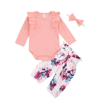 2020 Copil Nou-Născut Fata Maneca Lunga Body Solid Topuri+Print Floral Curea Pantaloni Set Costum Sugari Copii Baby Girl Boy