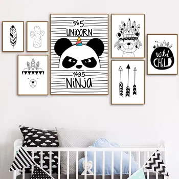Alb Negru Desene Animate Urs Panda Săgeată Arta De Perete Panza Pictura Nordică Canvas Postere Si Printuri Poze De Perete Pentru Camera Copii Decor