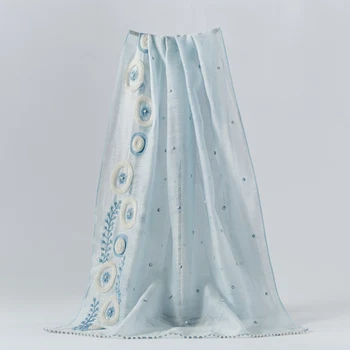 De înaltă calitate stil Japonez handmade albastru/roz brodat cu margele perla de mătase lână eșarfă Șal dimensiune:70*190 cm(dry cleaning)