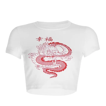 Alb Chinezesc Dragon Print T Shirt Femei Bodycon Casual Tricou T-Shirt Femme Streetwear Topuri Tricou De Vara