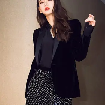 Femei Velvet Blazer Coat Topuri Negru Jachete de Moda Toamna birou doamnă Elegant costum de mic