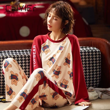 CAIYIER 2020 Desene animate Minunat Pijamale de Bumbac Set O-Neck Maneca Lunga Sleeepwear Doamnelor Casual-coreean de Iarnă îmbrăcăminte de noapte Haine de Acasă