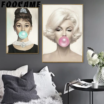 FOOCAME Audrey Hepburn, Marilyn Monroe Nordic Poster de Imprimare Living Arta de Perete Panza Pictura Guma de mestecat Imagini Decorative