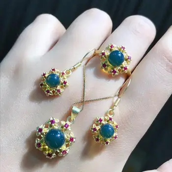 Real Pur naturale, aur, albastru, chihlimbar cercei pentru femei colier pandantiv inel set de bijuterii de argint 925 biżuteria damska