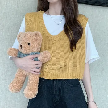 Femei Fără Mâneci Pulover 2020 Coreeană Stil Casual Supradimensionate V Gât Pulover Tricotate Vesta Drăguț Scurt Topuri Rezervor Vesta T494