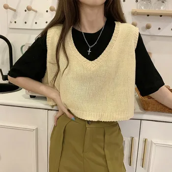 Femei Fără Mâneci Pulover 2020 Coreeană Stil Casual Supradimensionate V Gât Pulover Tricotate Vesta Drăguț Scurt Topuri Rezervor Vesta T494