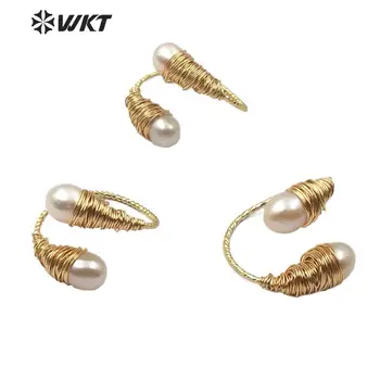 WT-R342 WKT Nou! Naturale Pearl Inel de Aur Galvanizat Sârmă Învelite Dublu Pearl Inel Reglabil pentru Femei Inel cu Perle Bijuterii