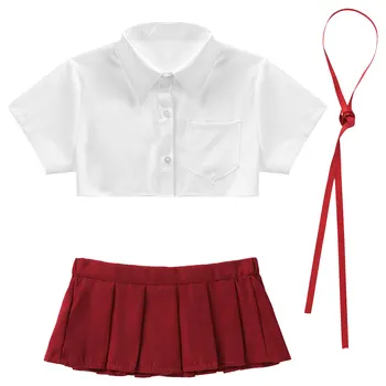 Femei Femme Obraznic Școală Fată Majoreta de Cosplay Costum de Turn-down Guler T-shirt Culturilor Topuri cu Panglică Mini Plisata Fusta