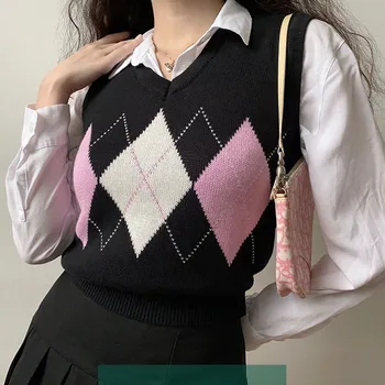 Vesta Femei Toamna Argyle Vintage V-neck Tricotat fără Mâneci Stil Preppy Elevii Îmbrăcăminte coreeană Dulce Topuri Casual Ins