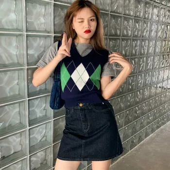 Vesta Femei Toamna Argyle Vintage V-neck Tricotat fără Mâneci Stil Preppy Elevii Îmbrăcăminte coreeană Dulce Topuri Casual Ins