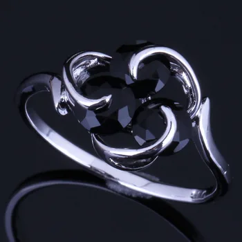 Uimitoare Trei Pietre Rotunde Negre Cubic Zirconia Placat Cu Argint Inel V0688