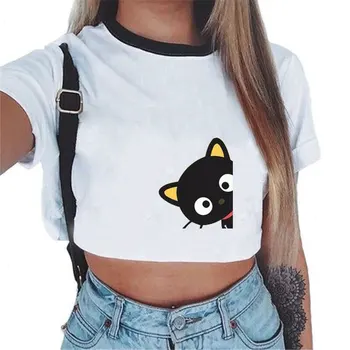 Coreea Style Drăguț Tricouri Femeie Gotic Cat grijă Partea Luna Faza Imprimat cu Maneci Scurte T-shirt, Sexy Top Femei Casual