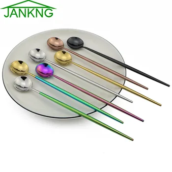 JANKNG 18-10 din Oțel Inoxidabil Colorat Mâner Lung Lingura Curcubeu Negru Aur Linguri de Tacâmuri consumul de Cafea Instrumente de Bucătărie Gadget